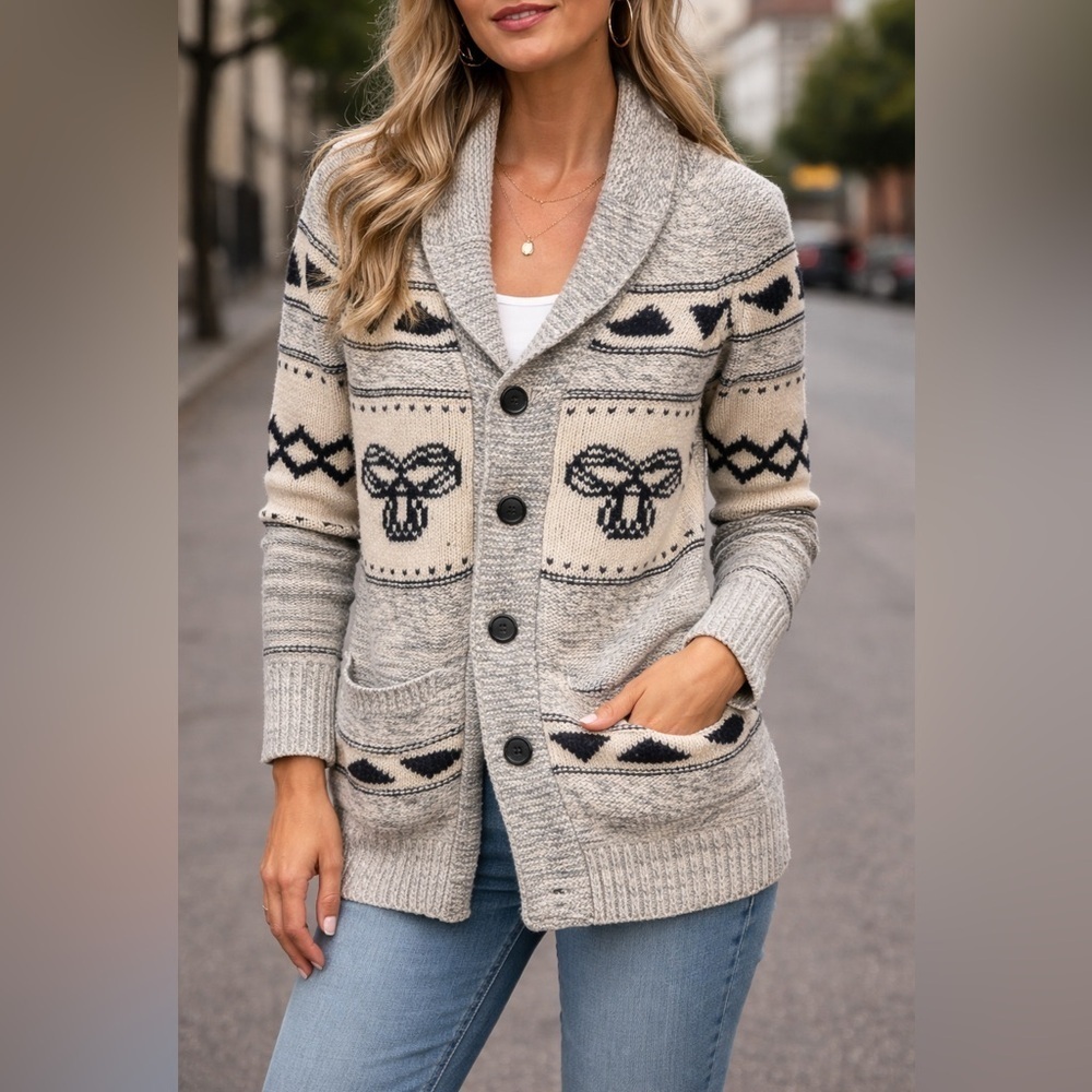 Aritzia TNA size small 100% lambswool button-up cardigan sweater in grey/white